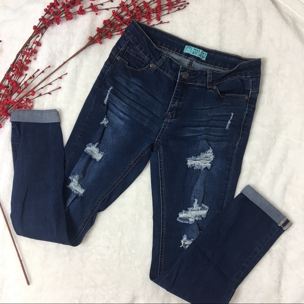 Wax Jeans - Dark Wash Ripped Skinny Jeans